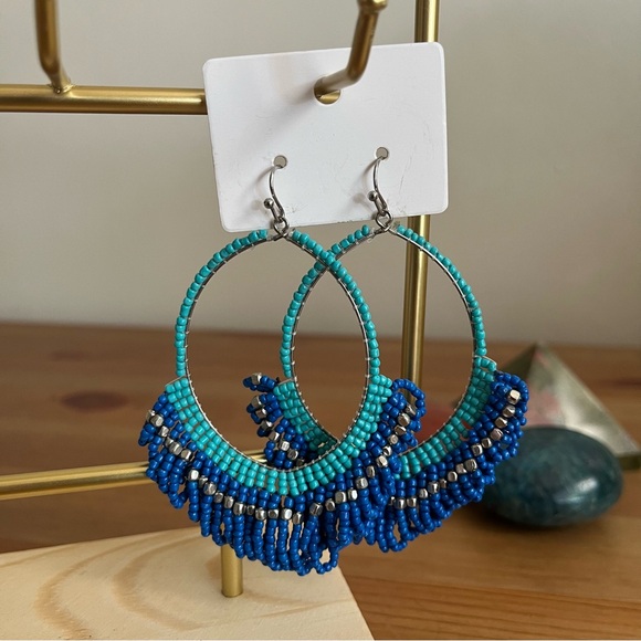 Jewelry - Boho Style Turquoise & Cobalt Beaded Dangle Hoop Earrings - Women Jewelry